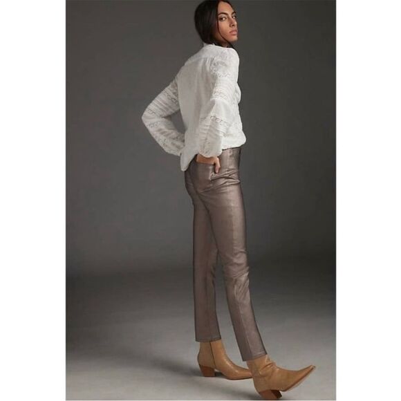 NWT Anthropologie/Avec Les Filles Metallic Straight Skinny Pant Silver Taupe 27 - Picture 2 of 12